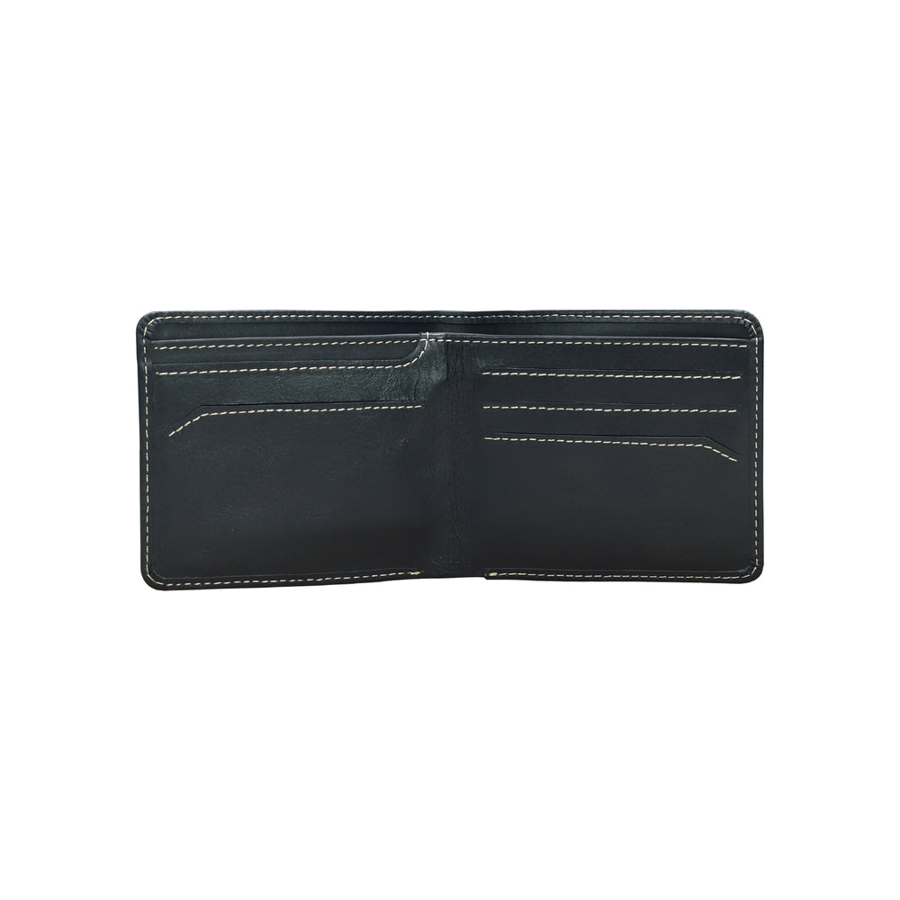 Black leather wallet with visible stitching on a white background