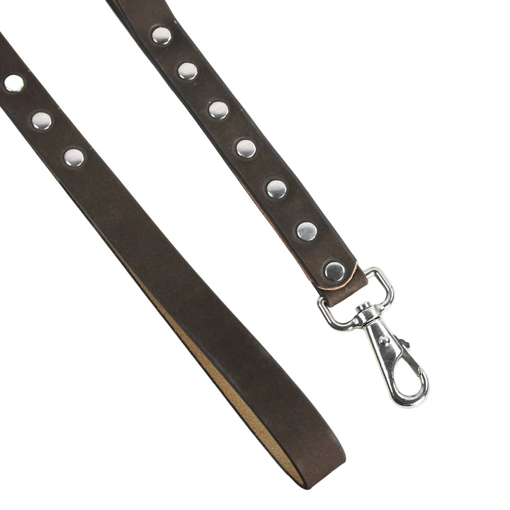 Brown leather strap with silver studs and a metal clasp on a white background

