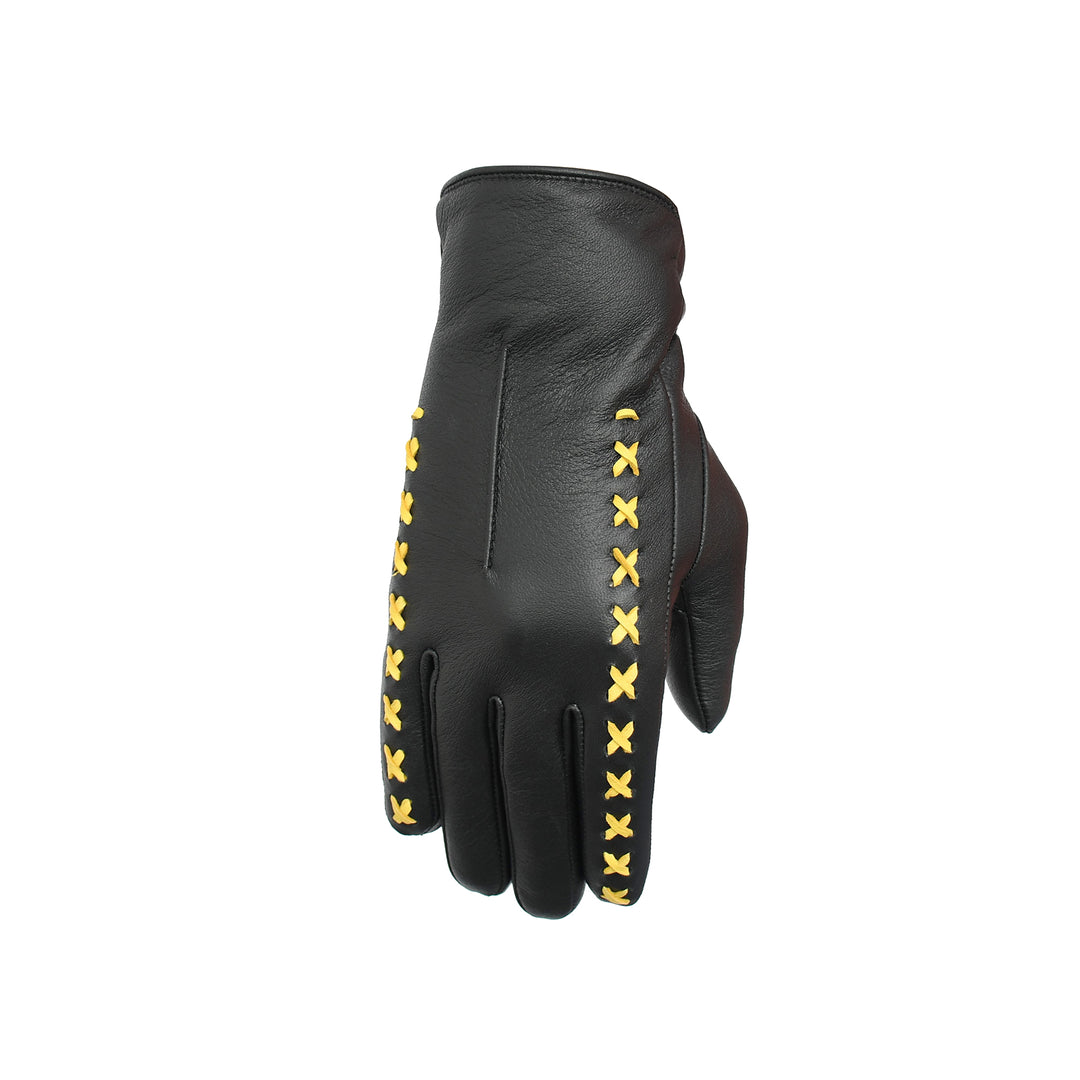 Black leather glove with yellow stitching on a white background