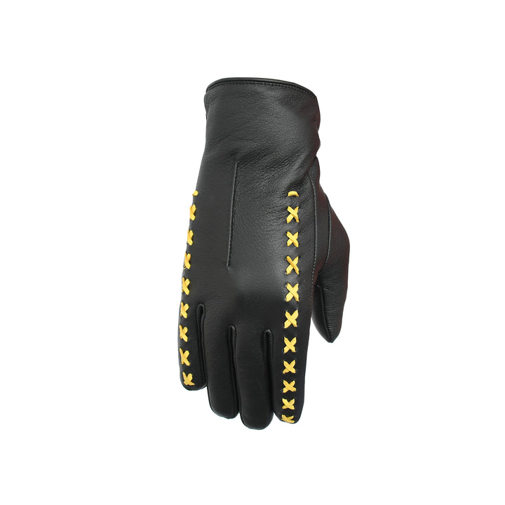 Black leather glove with yellow stitching on a white background