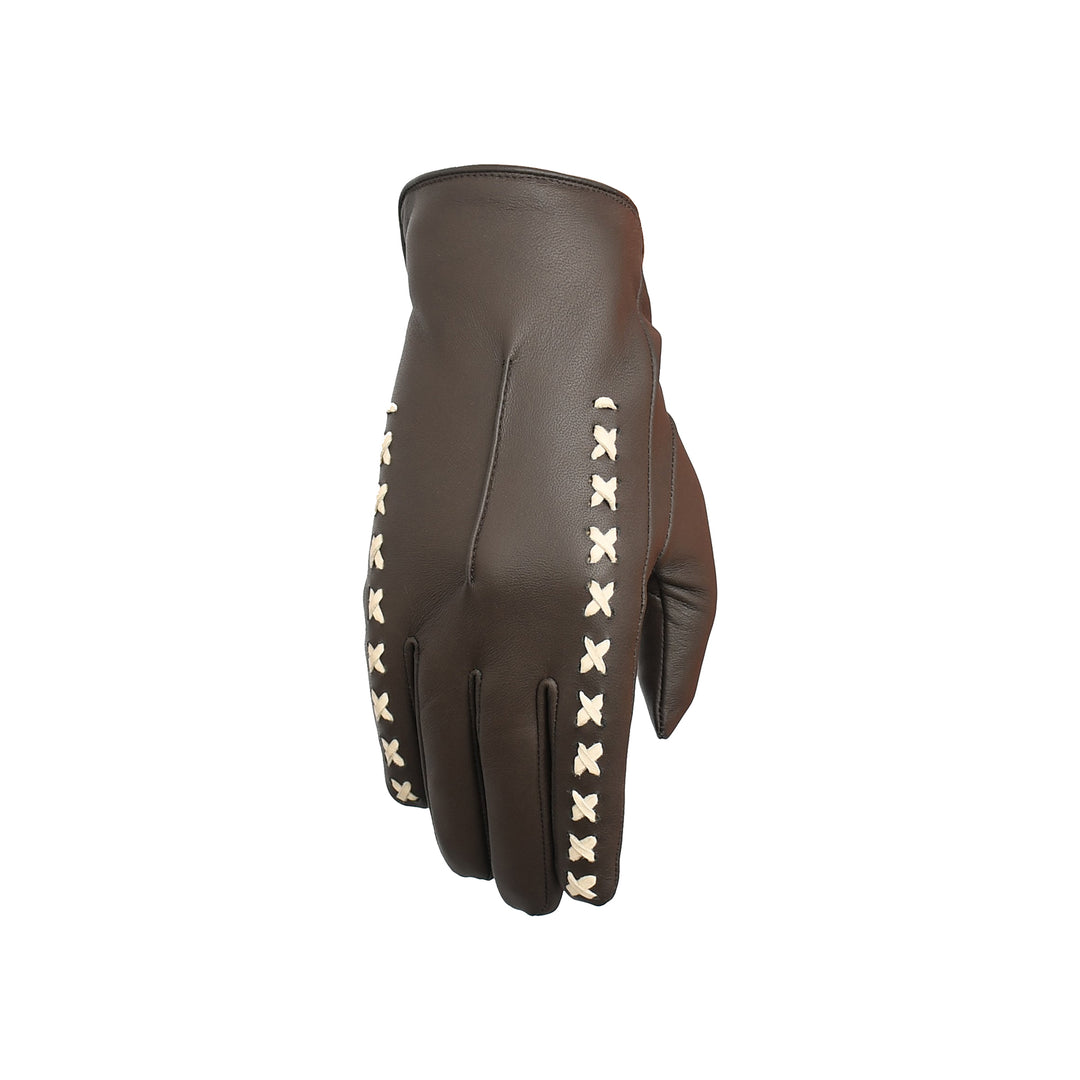 Brown leather glove with decorative white stitching on a white background