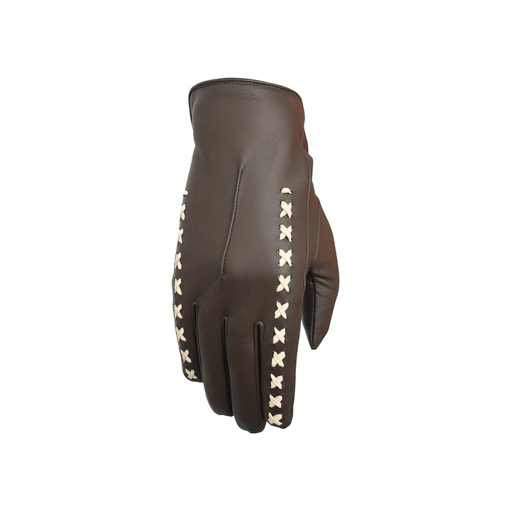 Brown leather glove with decorative white stitching on a white background