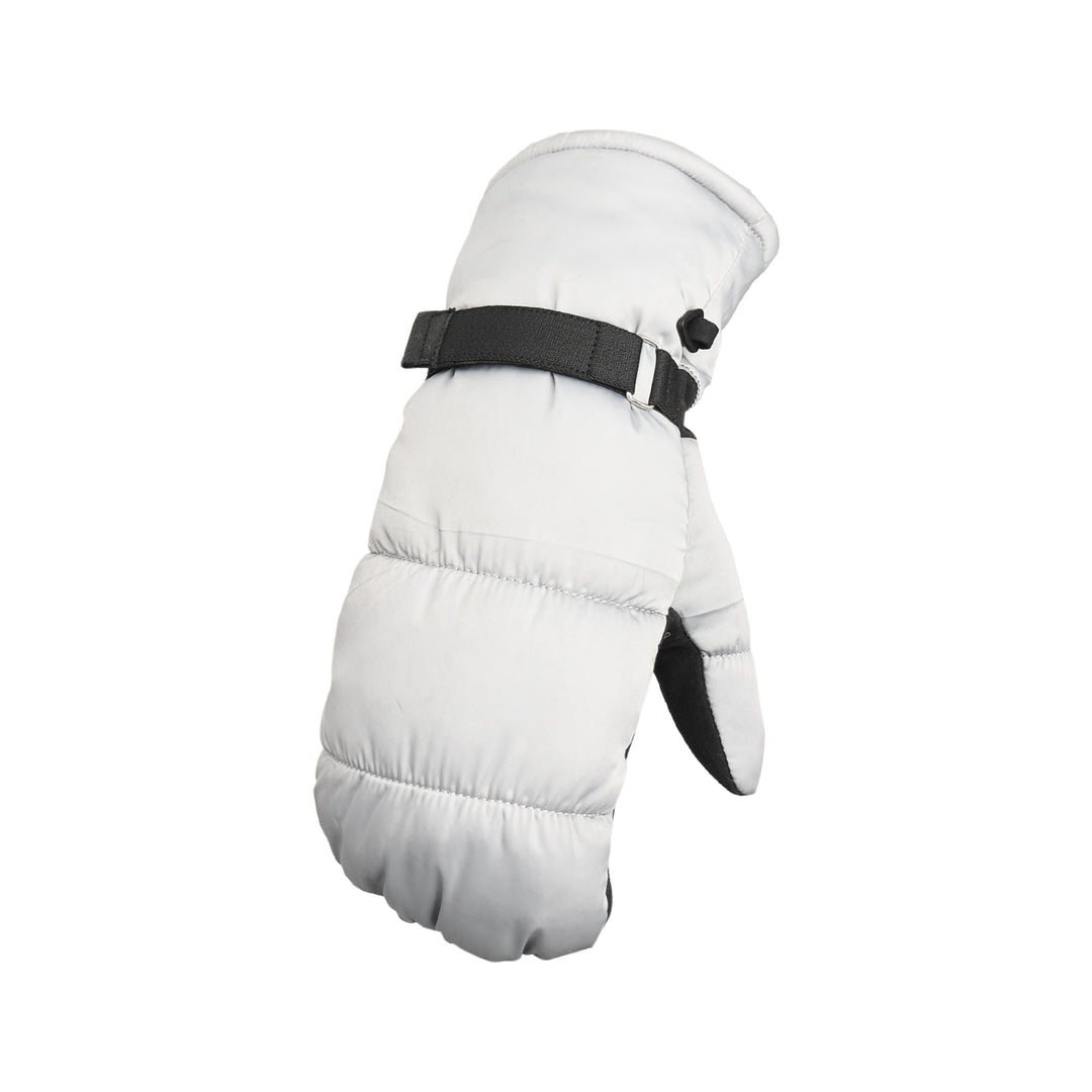 White winter glove with black strap on a white background