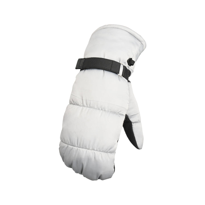 White winter glove with black strap on a white background