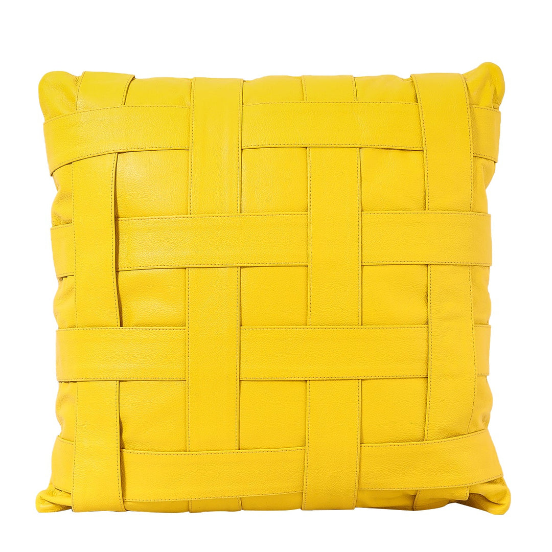 Yellow woven pillow on a white background

